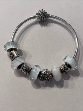 Pandora Snowflake Bangle Bracelet with 9 Accent Charms (7 Pandora Beads)